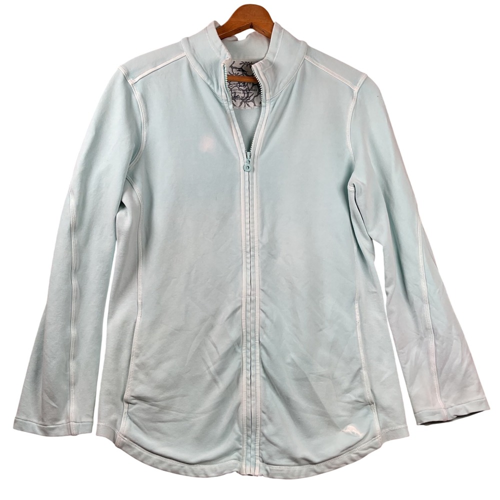 Tommy Bahama Full Zip Track Jacket Womens Small Aqua Blue Cotton Blend Mock Neck